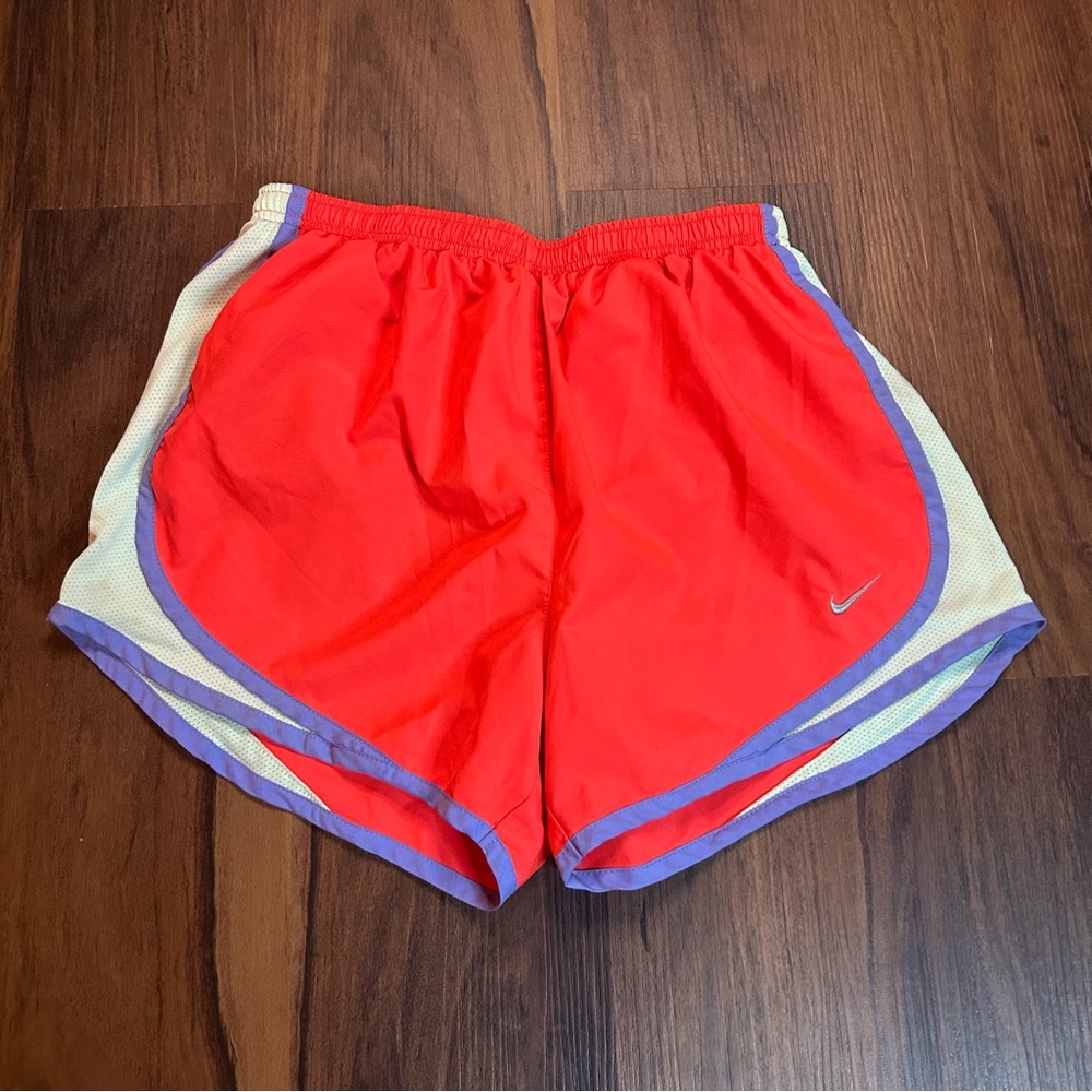 Nike Women's coral Athletic Shorts with neon green/yellow Panels & Purple Trim
